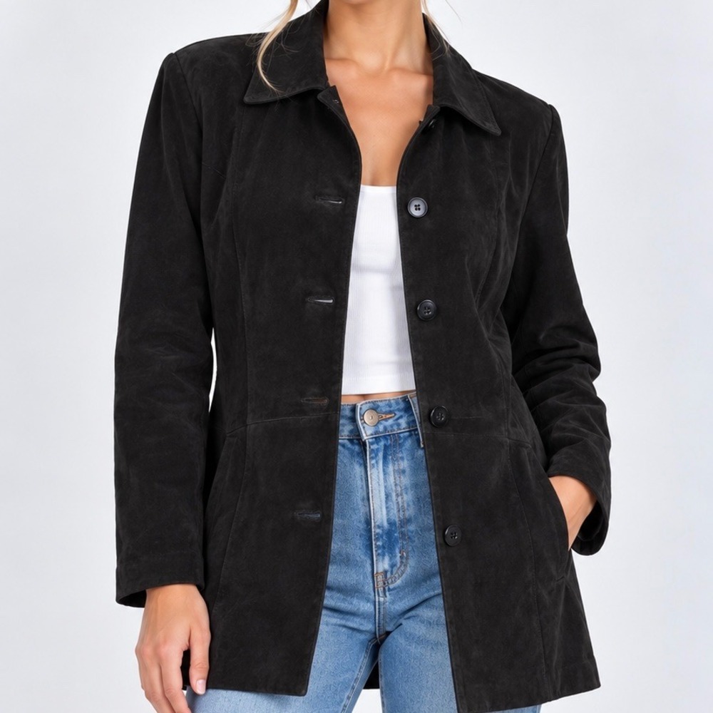 Bernardo Black Suede Leather Jacket Women Small Button Front Mid Length Coat